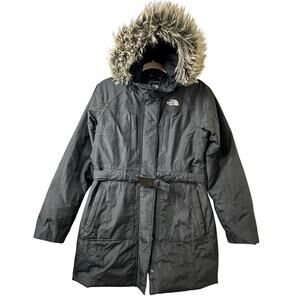 Sm The North Face Black Down Parka HyVent Arctic Coat Faux Fur Hood Belted Waist